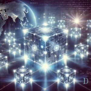 A futuristic digital illustration representing blockchain technology. The scene features a glowing network of interconnected blocks forming a decentra