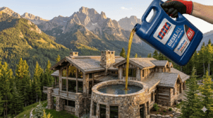 Scottys Oil Company Reladyne Brand Oil Pouring into the top of a beautiful mountain home