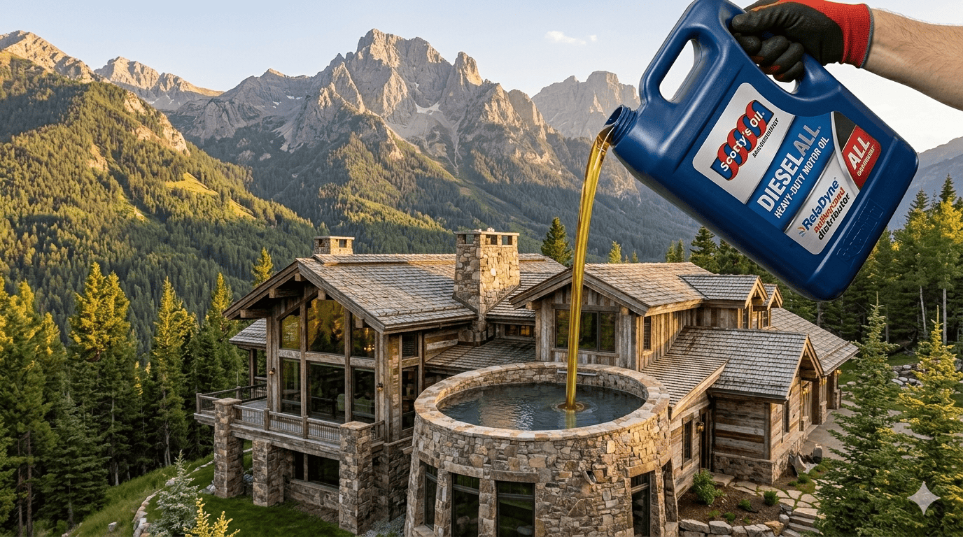 Scottys Oil Company Reladyne Brand Oil Pouring into the top of a beautiful mountain home