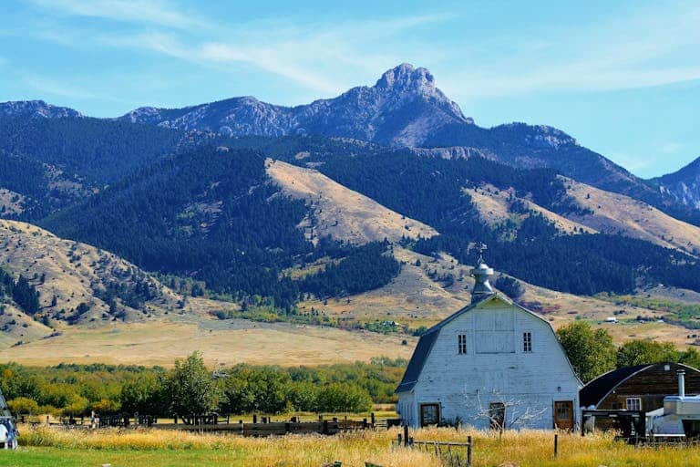 Tranquil Montana countryside featuring a white barn with stunning mountain backdrop.