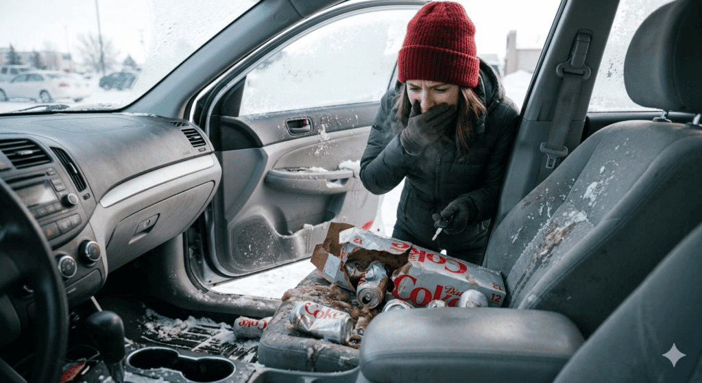 Woman in a red knit hat leans into a snow-dusted car, sorting through a mess of Coca‑Cola cans on the front seat.