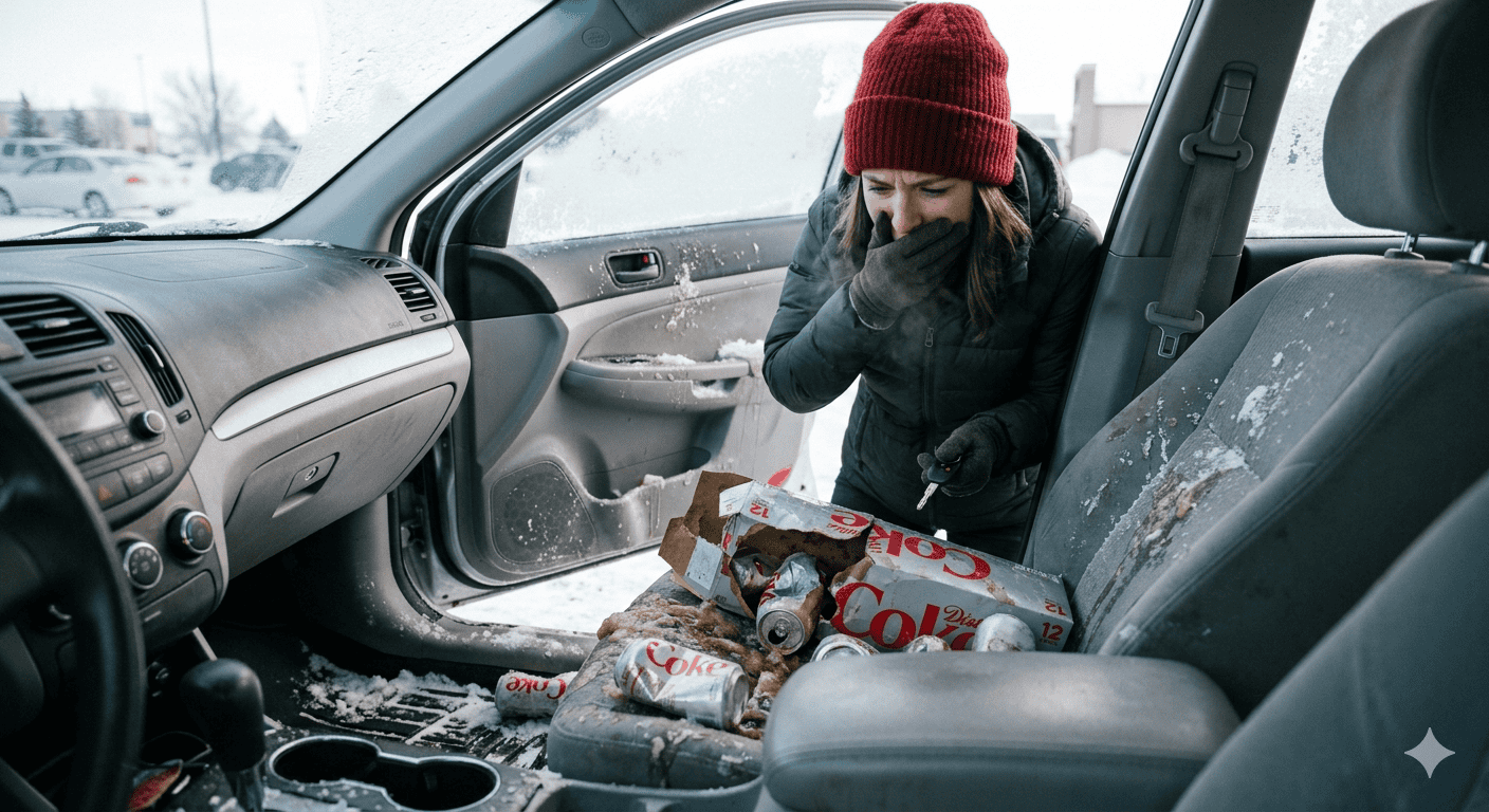 Woman in a red knit hat leans into a snow-dusted car, sorting through a mess of Coca‑Cola cans on the front seat.